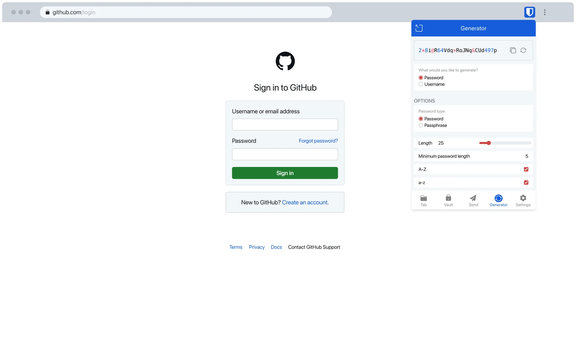 Bitwarden browser extension popup with the password generator open, showing a generated password and options for length, uppercase, lowercase, numbers and symbols
