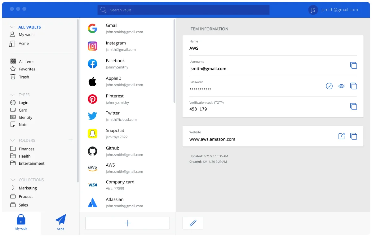 Bitwarden desktop app vault on macOS showing folders and collections in the left sidebar, a list of logins such as Gmail, Instagram and GitHub in the middle, and the selected AWS item with username, hidden password and TOTP code on the right