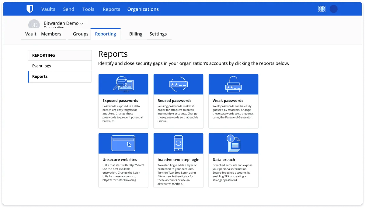 Bitwarden vault health reports page listing exposed passwords, reused passwords, weak passwords, unsecured websites, inactive two-step login and data breach reports