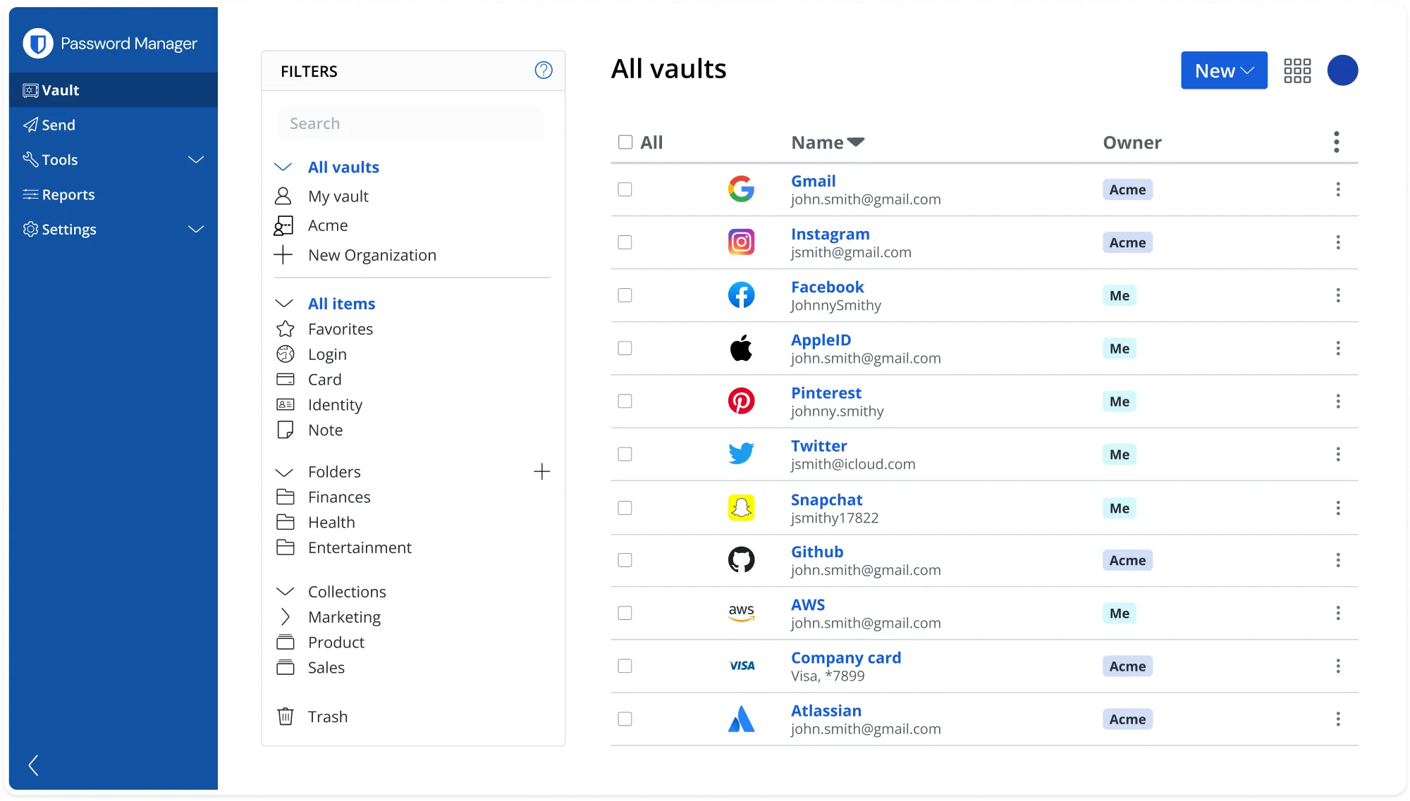 Bitwarden web vault in a browser listing all vault items with owner tags, alongside the desktop app and a mobile item view