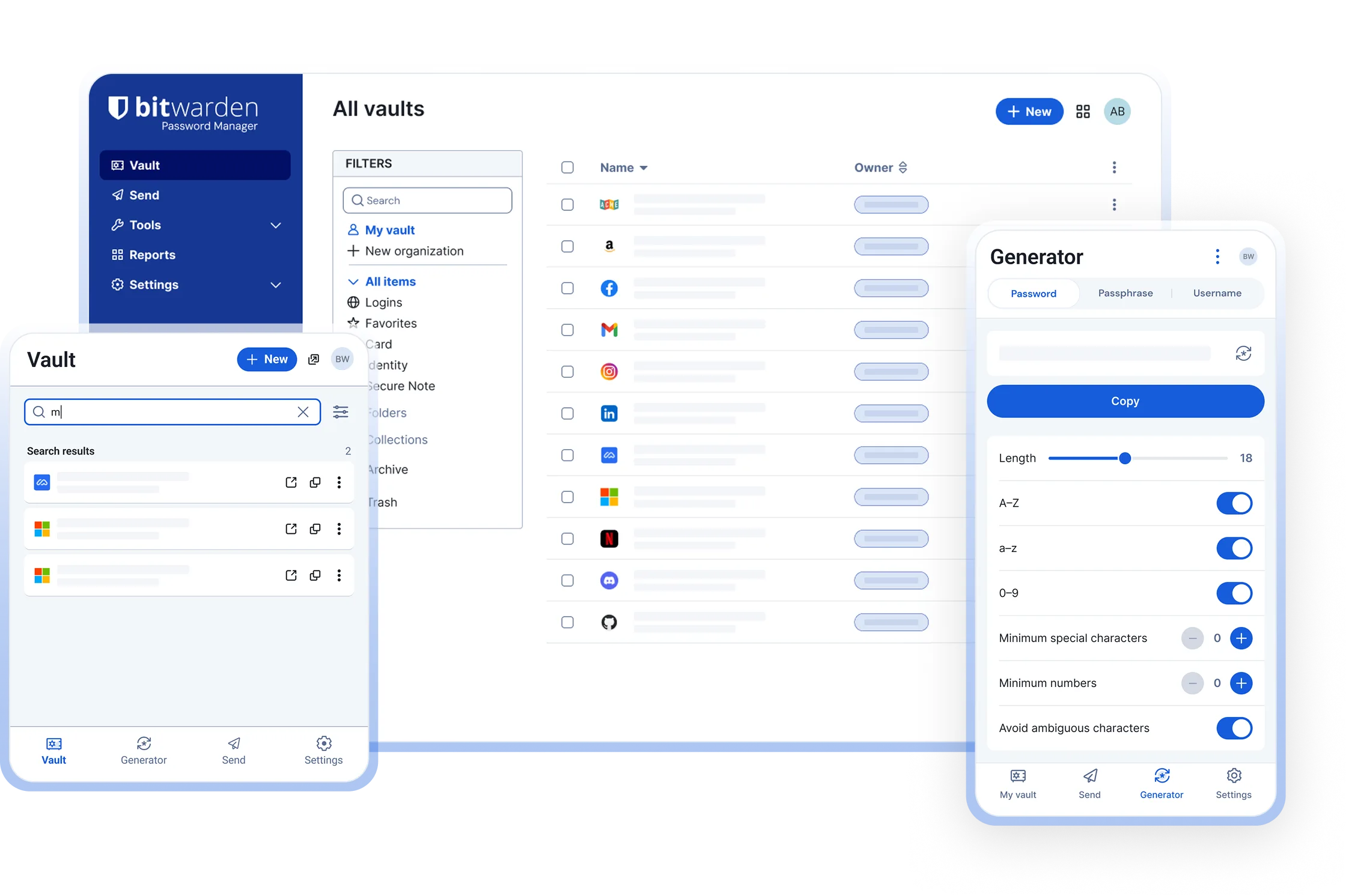 Bitwarden password manager on three screens: the web vault listing saved logins, the browser extension search results, and the mobile app password generator with length and character toggles